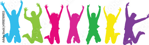 Colorful silhouette vector illustration of people jumping with raised arms, joyful celebration design symbolizing happiness, diversity and youth