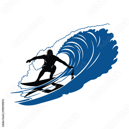 Professional surfer riding massive blue wave on surfboard