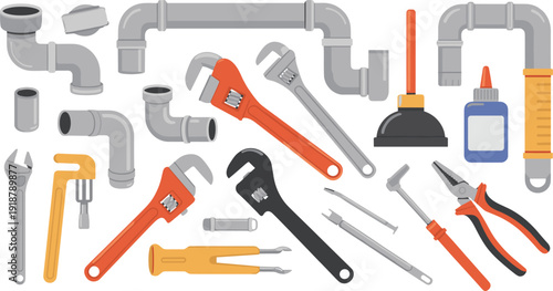 Plumbing tools and pipe fittings vector illustration, wrench plunger screwdriver set, repair maintenance equipment isolated on white background flat design