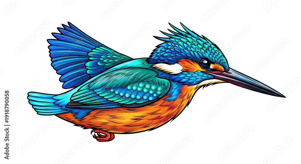 Obraz premium Vibrantly colored common kingfisher bird illustration with detailed plumage in shades of blue, turquoise, and orange, depicted in flight on a clean white background. isolated PNG with