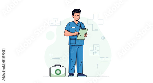 Dedicated Male Nurse in Blue Scrubs Holding Clipboard.