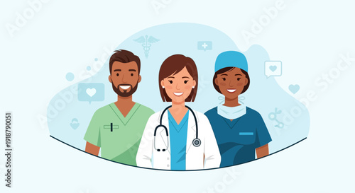 Diverse medical team doctor nurse and healthcare professional illustration.