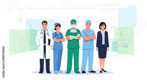 Diverse Medical Team Standing Together in a Hospital Setting 1.