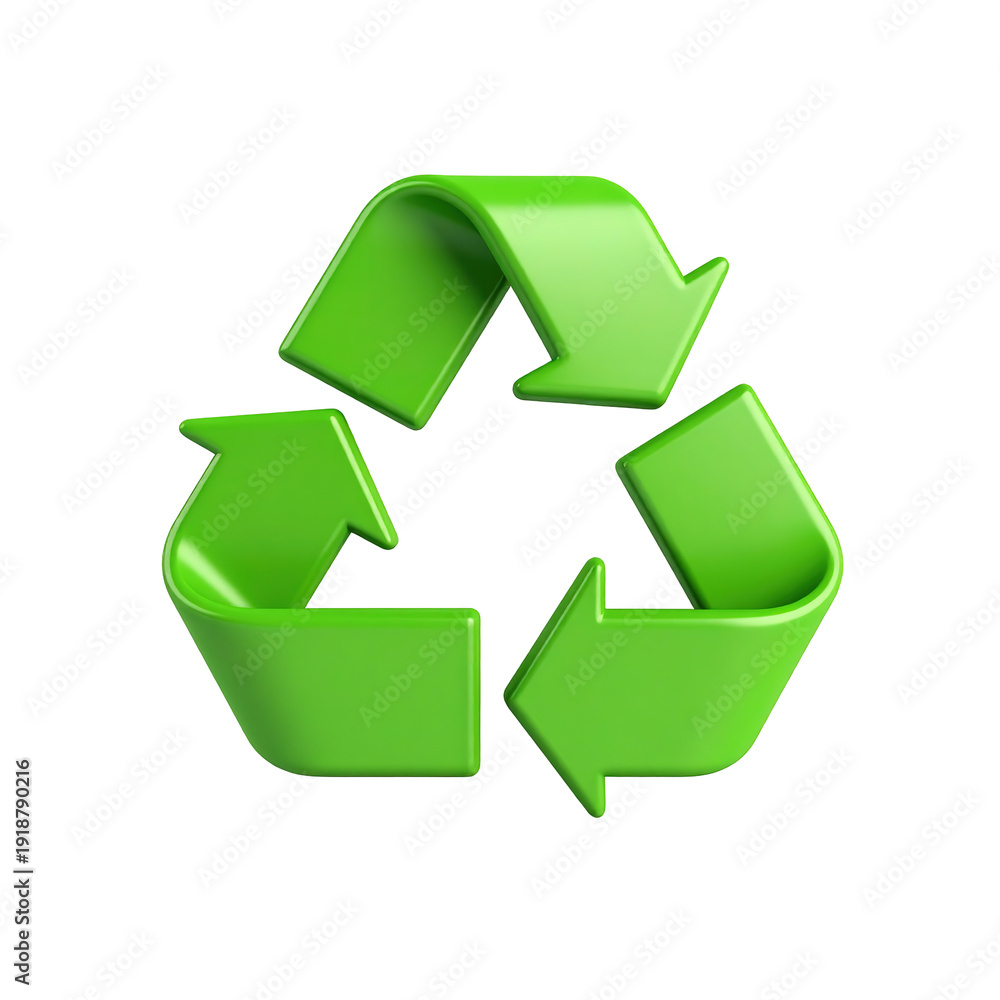 Obraz premium 3D Green Recycling Symbol Arrows Icon, Isolated on a Transparent Background.