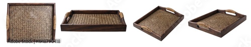 Rectangular woven rattan serving tray with dark wooden frame and side handles, isolated on white background.