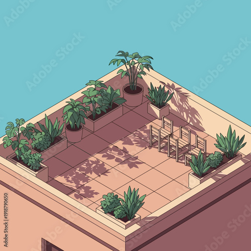 Serene Rooftop Garden with Potted Plants and Outdoor Seating.