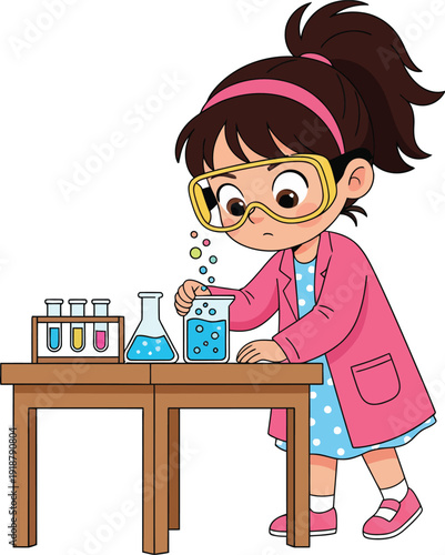 Young girl conducting a science experiment with colorful liquids.
