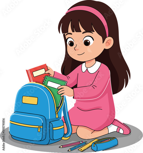 Young girl preparing for school with backpack and books.
