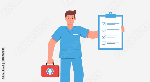 Healthcare Professional with Checklist and First Aid Kit Illustration.