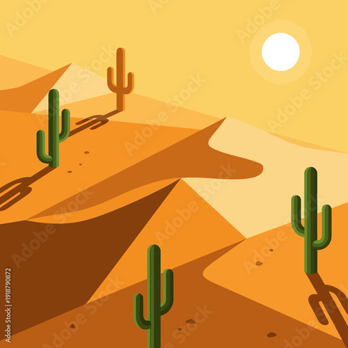 Desert landscape with cacti and sand dunes under a bright sun.