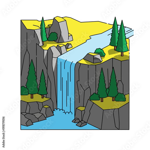 Waterfall Landscape with Cliffs and Trees Illustration.