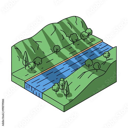Isometric illustration of a serene landscape with a river and green hills.