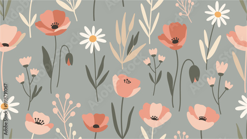 Beautiful seamless pattern featuring an array of delicate poppies, daisies, and various botanical elements in soft, muted tones, perfect for textile and wallpaper designs.