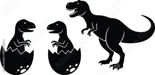 Dinosaur family silhouette vector illustration with parent T rex and baby dinosaurs hatching from eggs, prehistoric artwork design, black graphics
