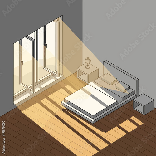 3D illustration of a modern minimalist bedroom interior with sunlight.