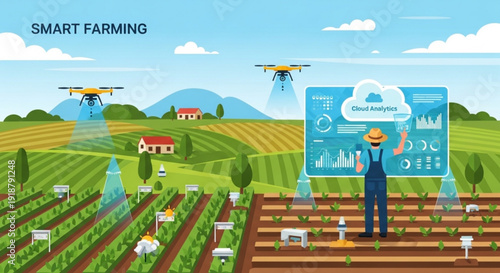 Smart farming technology with drones and data analysis on a farm with a farmer