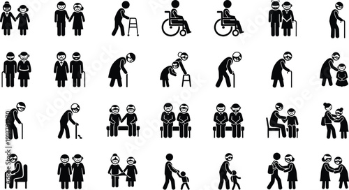 Elderly silhouettes illustration, aging and care concept, creative vector artwork, companionship design element, healthcare support representation