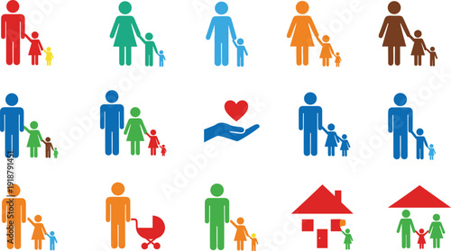Family care icons vector illustration, colorful figures showing parents, children, caregivers, strollers, hearts and home environments concept design