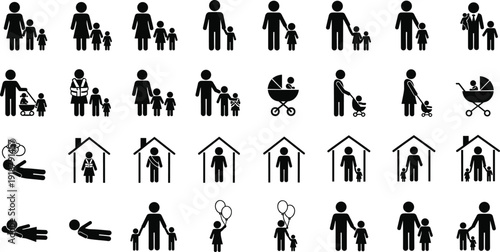 Family and childcare silhouettes, parents with children, strollers, caregivers, playful activities, diverse family structures vector illustration design