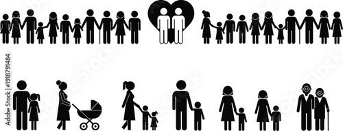 Family diversity silhouette vector illustration, inclusive icons showing parents, children, couples, strollers and generational love unity concept design
