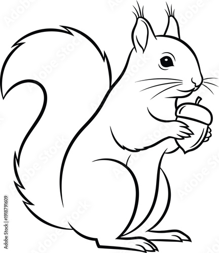 Adorable black and white line art drawing of a cute cartoon squirrel holding a freshly gathered acorn with its tiny paws against a white background.