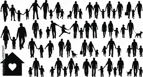 Family silhouette vector illustration collection with parents, children, pets, house symbol, unity, love, diverse family groups, holding hands artwork design
