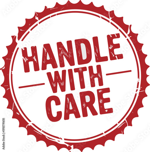 Retro Red Handle With Care Stamp Design: Vintage-Inspired Shipping Label, Quality Assurance Seal for Delicate Items, Package Handling Instructions, and Supply Chain Awareness