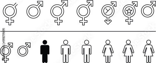 Gender identity and diversity icon set featuring male female non-binary and transgender symbols with human silhouettes for social inclusion and equality project branding