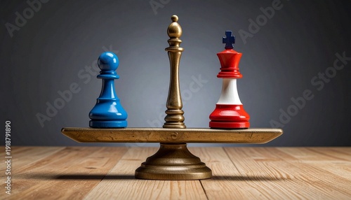 Brass balance scale with blue and red chess kings evenly balanced