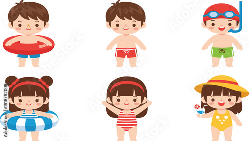 Cute kids in swimwear set with boys and girls wearing swimsuits, goggles, sun hat and inner tubes on white background.