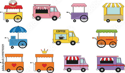 Street food carts and trucks set with colorful ice cream vans, coffee truck, donut stand and market stalls on white background.