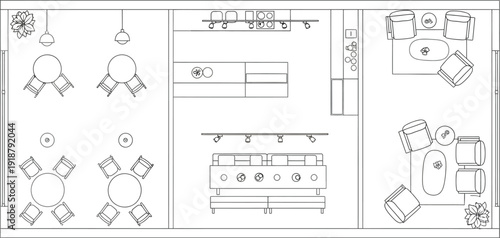 Detailed top-down architectural floor plan drawing illustrating the layout design of a modern cafe seating area and service counter space