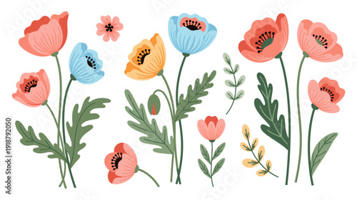 Vibrant collection of hand-drawn poppy flowers and delicate botanical elements, perfect for spring and summer design projects and cheerful decorations.