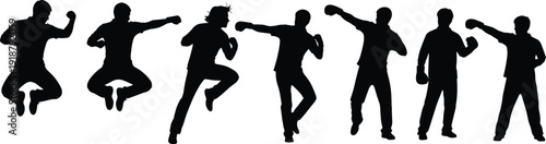 Martial arts silhouettes, boxing poses, dynamic fighting stances, combat sports training, karate kicks, self defense moves, athlete performance illustration