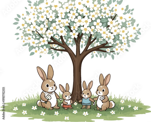 Adorable cartoon family of four brown rabbits sitting together happily under a beautiful blooming white flower tree in a bright green meadow