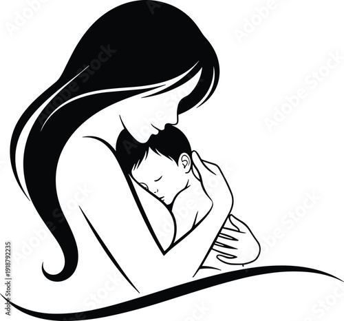 Mother holding baby silhouette, maternal love vector illustration, family bonding artwork, parent child care concept, motherhood design symbol
