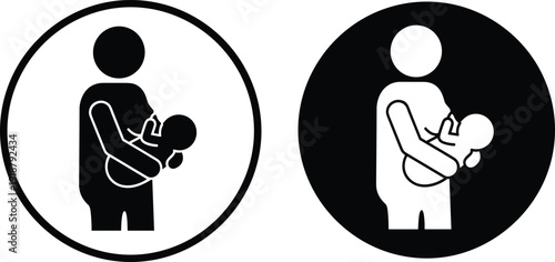 Parent holding baby caregiving icons, nurturing family symbols, childcare support pictograms, healthcare diversity illustration, parenting wellness vector design