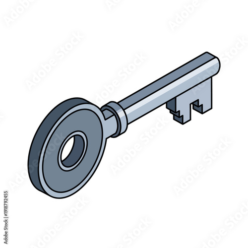 A simple, modern, silver key with a round head and a long shaft.