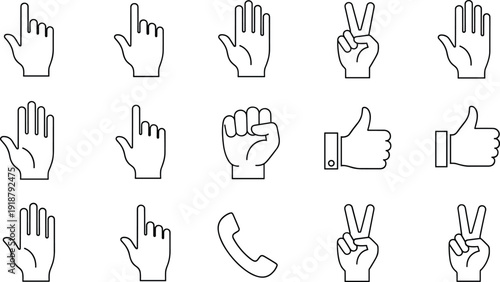Hand gesture line icon set featuring pointing finger, thumbs up, open palm, peace sign, fist, and telephone signal for communication and interface design