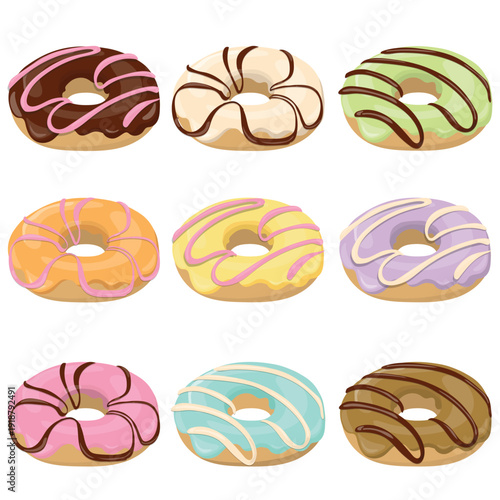 Flat vector set of colorful donuts with icing and sprinkles. various of favor such as chocolate, cream, strawberry, mint, sweet dessert collection for bakery, cafe, menu, sticker, packaging design. il