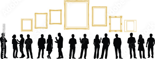 People silhouettes observing empty frames, art gallery exhibition concept, social interaction, artwork appreciation, vector illustration design