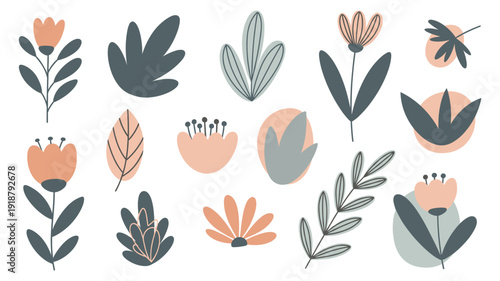 A charming collection of minimalist floral and botanical elements in a soft, earthy color palette, perfect for modern design projects.