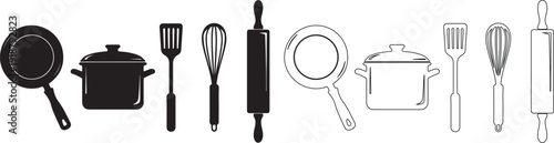 Kitchen Cooking Tools Vector Icon Set in Black Solid and Outline Styles isolated PNG with Transparent Background