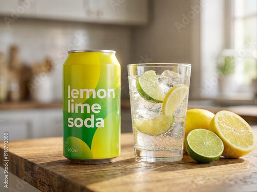 Enjoying lemon lime soda with fresh fruits in a bright kitchen during the daytime