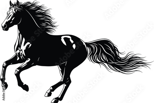 Galloping horse silhouette vector illustration with flowing mane and tail, dynamic motion artwork design, powerful equine black graphics