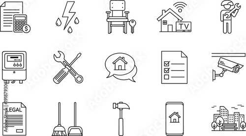 Home maintenance and property service line icons set, repair security utilities smart house and legal document symbols vector