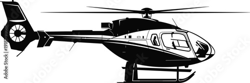 Helicopter silhouette vector illustration, black and white chopper aircraft isolated on white background transportation design