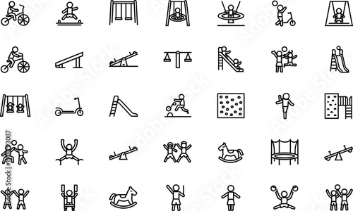 Playground activities vector illustration collection with children playing, swings, slides, climbing, bicycles, trampolines, seesaws, recreational equipment artwork design
