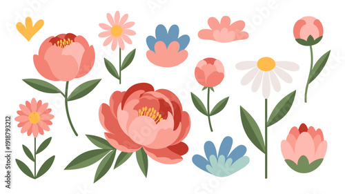 A vibrant collection of beautifully illustrated spring and summer flowers, including peonies, daisies, and abstract floral elements, perfect for diverse design projects.