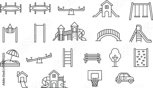 Playground equipment icons illustration, recreational vector artwork, children’s play design graphics, outdoor activity symbols set, park elements collection